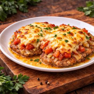 Бифштекс с томатами и сыром